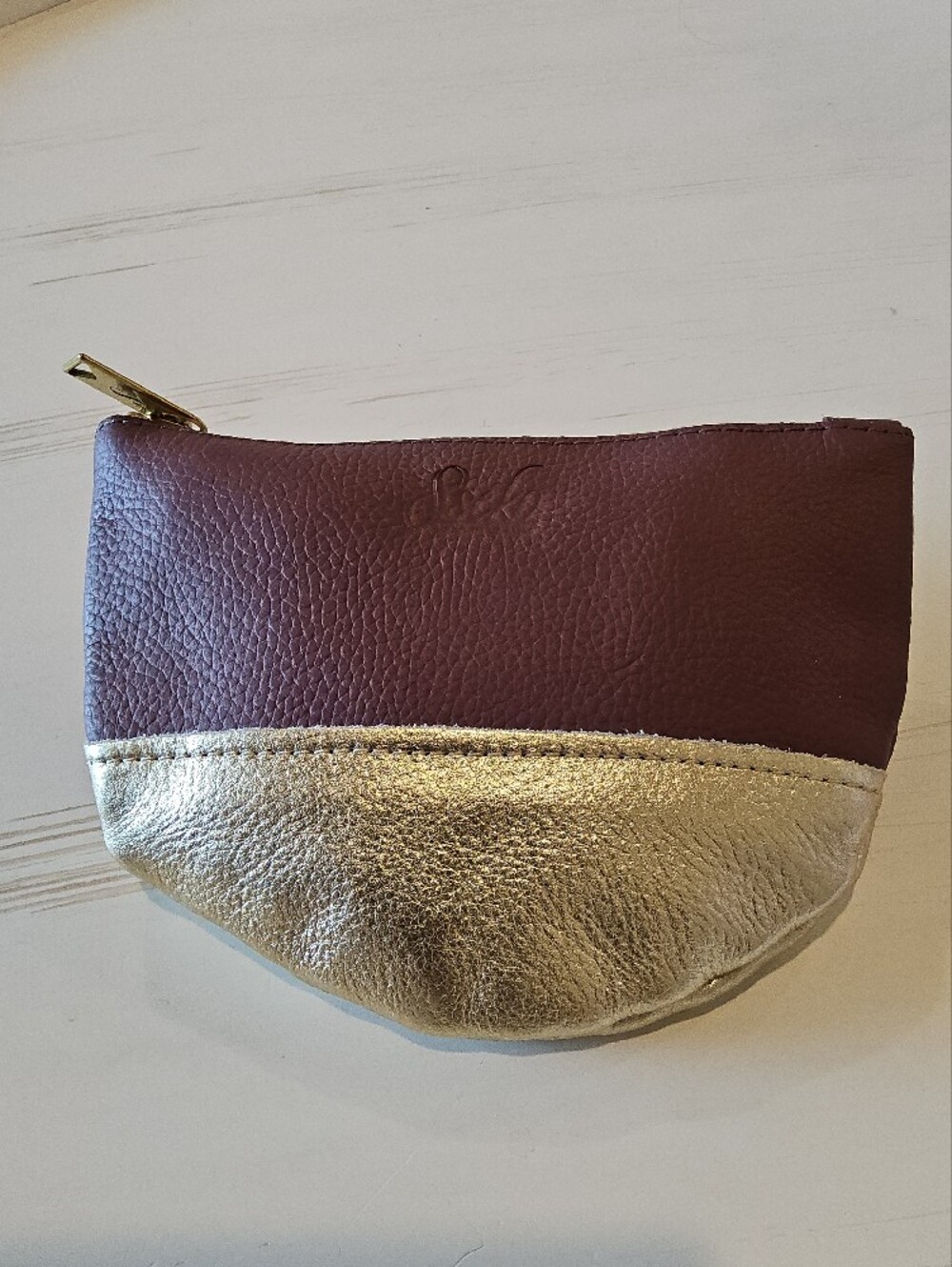 Sseko Burgundy and Gold Leather Cosmetic Pouch